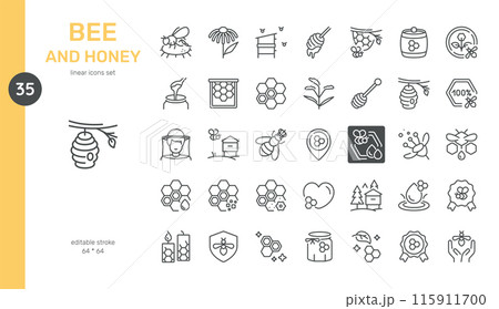 Bee and Honey Vector Icons Set. Beekeeping Tools, Honey Production, Bee Species, Honeycombs, Flowers, Beehives, and More. Editable Linear Collection. 115911700