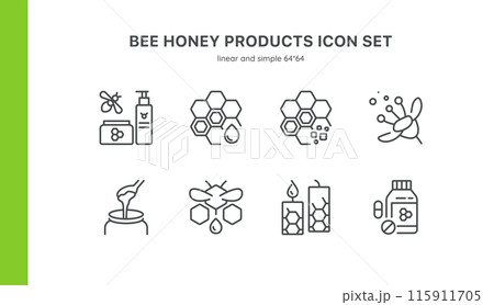 Bee Honey Products Vector Icons Set. Illustrations of Honey Jars, Honeycomb, Beeswax Candles, Pollen, Honey Cosmetics, and Supplements. Editable Linear Collection. Bee Honey Products Vector Icons Set. Illustrations of Honey Jars, Honeycomb, Beeswax Candles, Pollen, Honey Cosmetics, and Supplements. Editable Linear Collection. 115911705