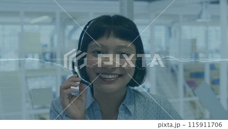 Image of financial data processing over biracial businesswoman in office 115911706