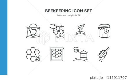 Beekeeping Vector Icons Set. Illustrations of Beekeepers, Bees, Honey Production, Honey Jars, Honeycomb, Beehives, and Beekeeping Equipment. Includes detailed symbols for each aspect of beekeeping.  115911707