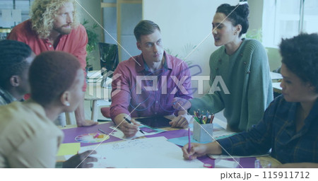A group of diverse business people are discussing work during a meeting at the office 115911712