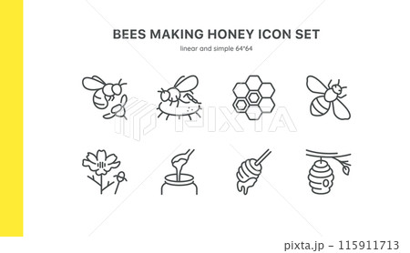 Bees Making Honey Icon Set. Illustrations of Bees, Honeycomb, Flowers, Honey Jar, Honey Dipper, and Beehive. Perfect for Beekeeping and Honey Production Themes. Editable Linear Collection. Bees Making Honey Icon Set. Illustrations of Bees, Honeycomb, Flowers, Honey Jar, Honey Dipper, and Beehive. Perfect for Beekeeping and Honey Production Themes. Editable Linear Collection. 115911713