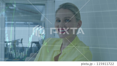 Image of financial data processing over caucasian businesswoman in office 115911722