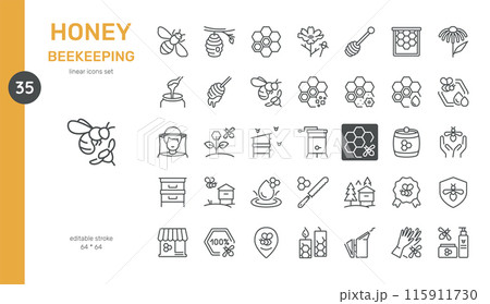 Honey Beekeeping Vector Icons Set. Beekeeping Tools, Honey Harvesting, Beehives, Bees, Honeycomb, Nectar, Flowers, and Organic Honey. Editable Linear Collection. 115911730