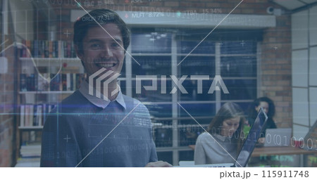 Image of financial data processing over diverse business people in office 115911748