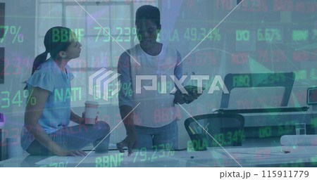 Image of financial data processing over diverse business people in office 115911779