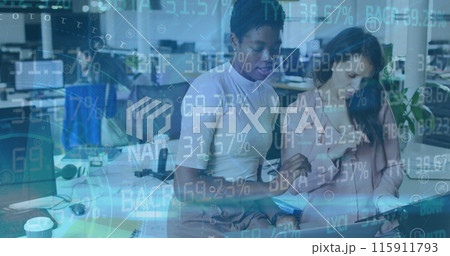 Image of financial data processing over diverse business people in office Image of financial data processing over diverse business people in office 115911793