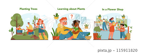 Educational plant activities set. Boys and girls exploring nature with friends. Children engage in tree planting, learn about plant biology and experience flower shop wonders. Flat vector illustration 115911820