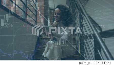 Image of financial data processing over biracial businesswoman in office 115911821