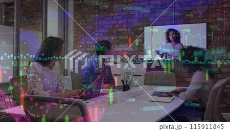 Image of financial data processing over colleagues having a image conference at office 115911845