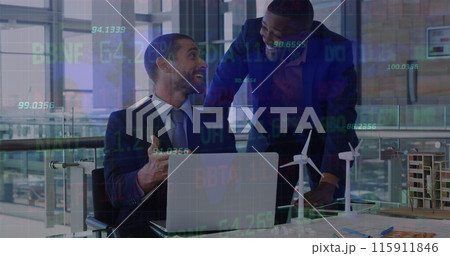 Image of stock market data processing over two diverse businessmen discussing at office 115911846