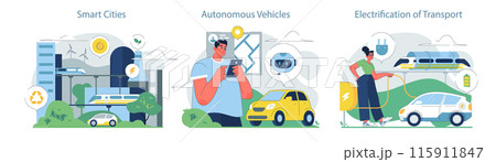 Urban Transportation Methods set. Future of travel in urban landscapes. Harnessing automation and electrification. Seamless integration of tech and transit. 115911847