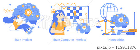 Neurotechnologies trio Visual exploration of brain implants, computer interfaces, and ethical guidelines in technology Engaging educational digital artwork Vector illustration 115911876