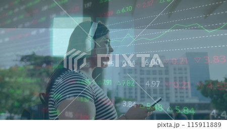 Image of financial data processing over woman using smartphone 115911889