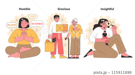 Warm vector illustrations portraying humility, grace, and insightfulness, with characters engaging in acts of kindness, generosity, and deep reflection. 115911890