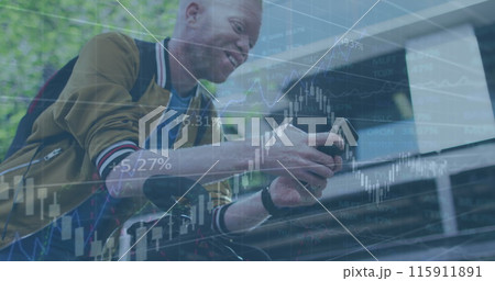 Image of financial data processing over man using smartphone 115911891