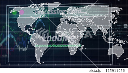 Image of map moving over digital screen with progressing data and loading text against graphs 115911956