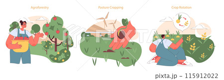 Regenerative Agriculture practices set. Integrating trees in agroforestry, synergistic pasture cropping, and strategic crop rotation. Fostering soil fertility and farm resilience. Regenerative Agriculture practices set. Integrating trees in agroforestry, synergistic pasture cropping, and strategic crop rotation. Fostering soil fertility and farm resilience. 115912022