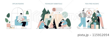 Digital Detox set. Escaping technology through offline reading, nature retreats, tech-free family holidays. Moments of serene disconnection. Vector illustration. 115912054
