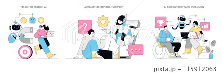 AI for HR set. AI integration in human resources management. Talent retention, automated support, diversity and inclusion. Vector illustration. 115912063