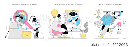 AI in HR set. Streamlining talent acquisition, employee onboarding and morale monitoring with AI. Innovative HR technology solutions. Vector illustration. AI in HR set. Streamlining talent acquisition, employee onboarding and morale monitoring with AI. Innovative HR technology solutions. Vector illustration. 115912068