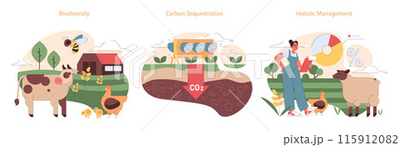 Regenerative Agriculture approach set. Promoting farm biodiversity, effective carbon sequestration, and holistic management for sustainability. Enhancing ecosystem vitality. 115912082