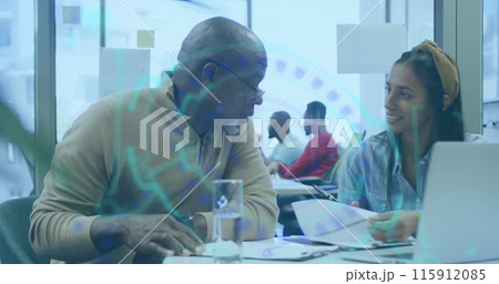 Image of financial data processing over diverse business people 115912085