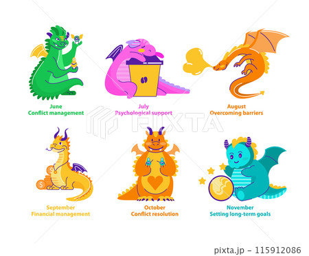 Dragon Helpers set. Animated dragons offer clever solutions for conflict, provide comfort, and inspire action. Vibrant guide for life s second half. Vector illustration. 115912086