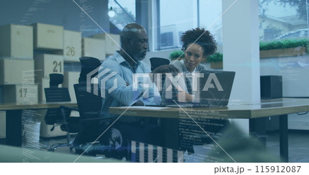 Image of financial data processing over diverse business people 115912087