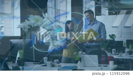 Image of financial data processing over businessman working in office Image of financial data processing over businessman working in office 115912096