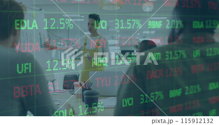Image of stock market data processing over caucasian woman giving a presentation at office Image of stock market data processing over caucasian woman giving a presentation at office 115912132