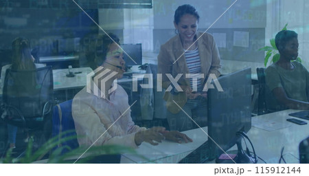 Image of stock market data processing over two diverse women discussing over computer at office Image of stock market data processing over two diverse women discussing over computer at office 115912144