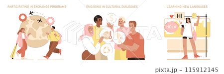 Global Exchange set. Adventurous souls partaking in exchange programs, fostering cultural dialogues, embracing language learning. Bridging gaps in global understanding. Vector illustration Global Exchange set. Adventurous souls partaking in exchange programs, fostering cultural dialogues, embracing language learning. Bridging gaps in global understanding. Vector illustration 115912145