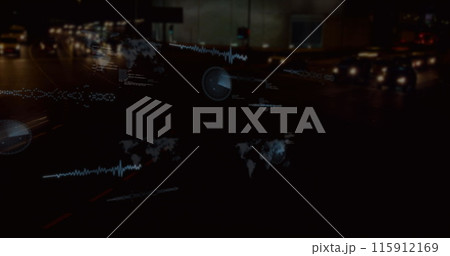 Image of round scanners and data processing against time-lapse of city traffic at night 115912169