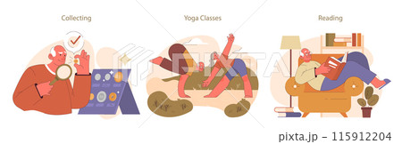 Retirees' Activities set. Illustration captures seniors enjoying collecting, yoga, and reading, showcasing diverse interests and the pursuit of knowledge and wellness. 115912204