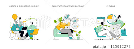 Employee Well-being concept. A collaborative team environment, remote work setup, and work-life balance with flextime. Nurturing employee satisfaction. Vector illustration. Employee Well-being concept. A collaborative team environment, remote work setup, and work-life balance with flextime. Nurturing employee satisfaction. Vector illustration. 115912272