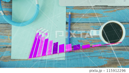 Image of statistical data processing against laptop, coffee cup and headphones on wooden surface Image of statistical data processing against laptop, coffee cup and headphones on wooden surface 115912296