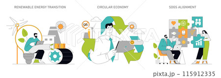 Sustainability and CSR illustration Renewable energy, circular processes, and SDGs integration in business Eco-friendly solutions and corporate commitments Vector illustration Sustainability and CSR illustration Renewable energy, circular processes, and SDGs integration in business Eco-friendly solutions and corporate commitments Vector illustration 115912335