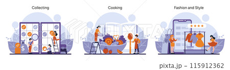 Collecting, Cooking, Fashion set. An avid collector organizes coins, a chef stirs a pot in the kitchen, and a shopper admires a chic dress. Each scene depicts specific hobbies. Vector illustration Collecting, Cooking, Fashion set. An avid collector organizes coins, a chef stirs a pot in the kitchen, and a shopper admires a chic dress. Each scene depicts specific hobbies. Vector illustration 115912362