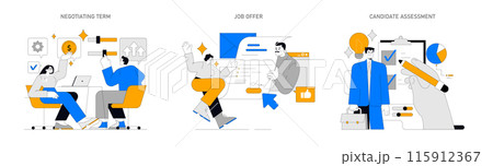 Recruiting set. Stages of hiring process from negotiation to job offer acceptance and candidate evaluation. Employee search and assessment concept. Vector illustration. 115912367
