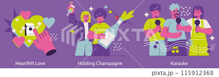 Celebration set. Friends enjoy a party with photo sharing, champagne toasting, and karaoke singing. Festive mood and joyful interactions. Vector illustration. Celebration set. Friends enjoy a party with photo sharing, champagne toasting, and karaoke singing. Festive mood and joyful interactions. Vector illustration. 115912368