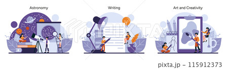 Creative Exploration set. Cosmic exploration, literary creativity, and artistic expression. Stargazing, imaginative writing, visual arts. Engaging in science, literature, and art. Vector illustration 115912373