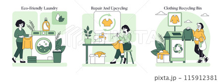 Sustainable Fashion set. Eco-friendly laundry, clothing repair and upcycling, recycling bin practices. Promoting environmental awareness in fashion. Vector illustration. 115912381