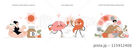 Nutrition and Mental Health set. Balancing vitamin intake, gut-brain connection, and stress reduction through diet. Characters portraying healthy living concepts. Vector illustration. 115912408