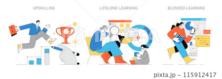 Continuous Learning concept. Career progression through upskilling, embracing lifelong learning, and combining traditional and digital methods. Vector illustration. 115912417