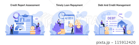 Financial Empowerment Series. Mastering creditworthiness with diligent credit report assessment, ensuring timely loan repayments, and strategic debt and credit management. Flat vector illustration Financial Empowerment Series. Mastering creditworthiness with diligent credit report assessment, ensuring timely loan repayments, and strategic debt and credit management. Flat vector illustration 115912420