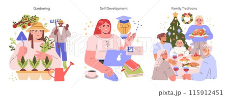 Lifestyle activities set. Gardening hobby, self-improvement, and family holiday traditions. Multigenerational engagement in diverse pastimes. Vector illustration. Lifestyle activities set. Gardening hobby, self-improvement, and family holiday traditions. Multigenerational engagement in diverse pastimes. Vector illustration. 115912451