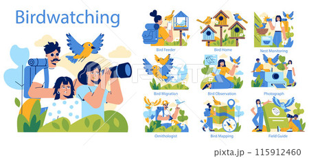 Birdwatching set. Families and individuals engage in bird observation and conservation activities. Featuring bird feeding, migration study, and habitat monitoring. Vector illustration. Birdwatching set. Families and individuals engage in bird observation and conservation activities. Featuring bird feeding, migration study, and habitat monitoring. Vector illustration. 115912460