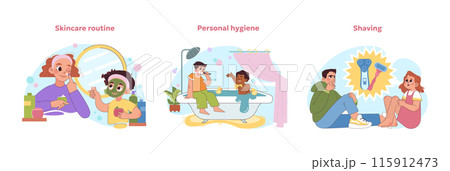 A series of fun illustrations depicting people of all ages taking care of their skin in various leisurely activities, presented in a visually appealing pattern on rectangular paper products 115912473