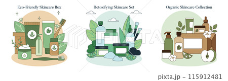 Skincare Toolkit set. Natural beauty essentials featuring eco-friendly, detoxifying, and organic products. Sustainable personal care routine. Vector illustration. 115912481